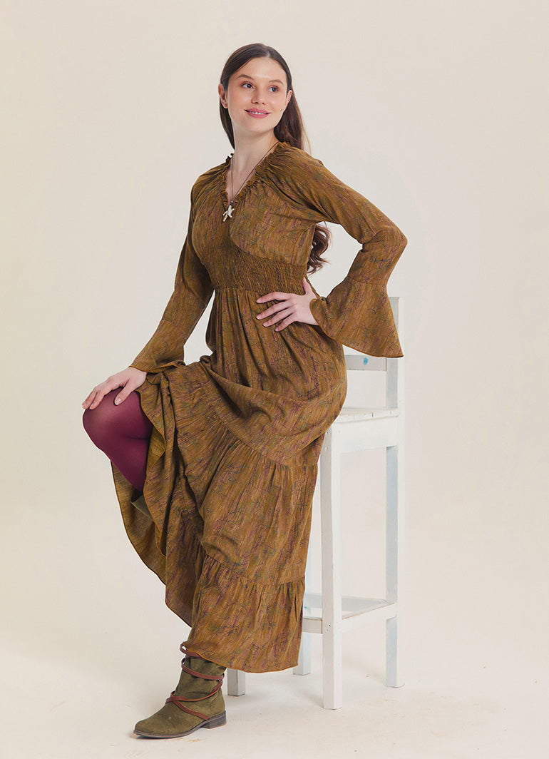 V Neck Spanish Sleeve Smocked Khaki Patterned Winter Dress