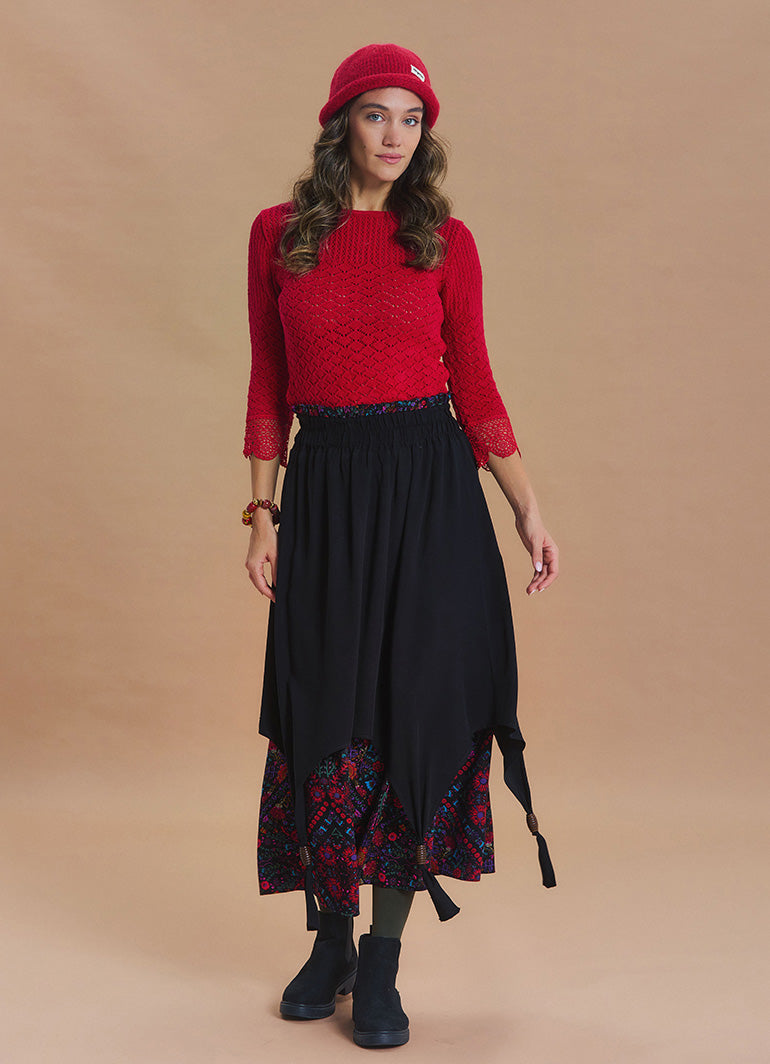 Elastic Waist Double Layer Black Print Asymmetrical Skirt