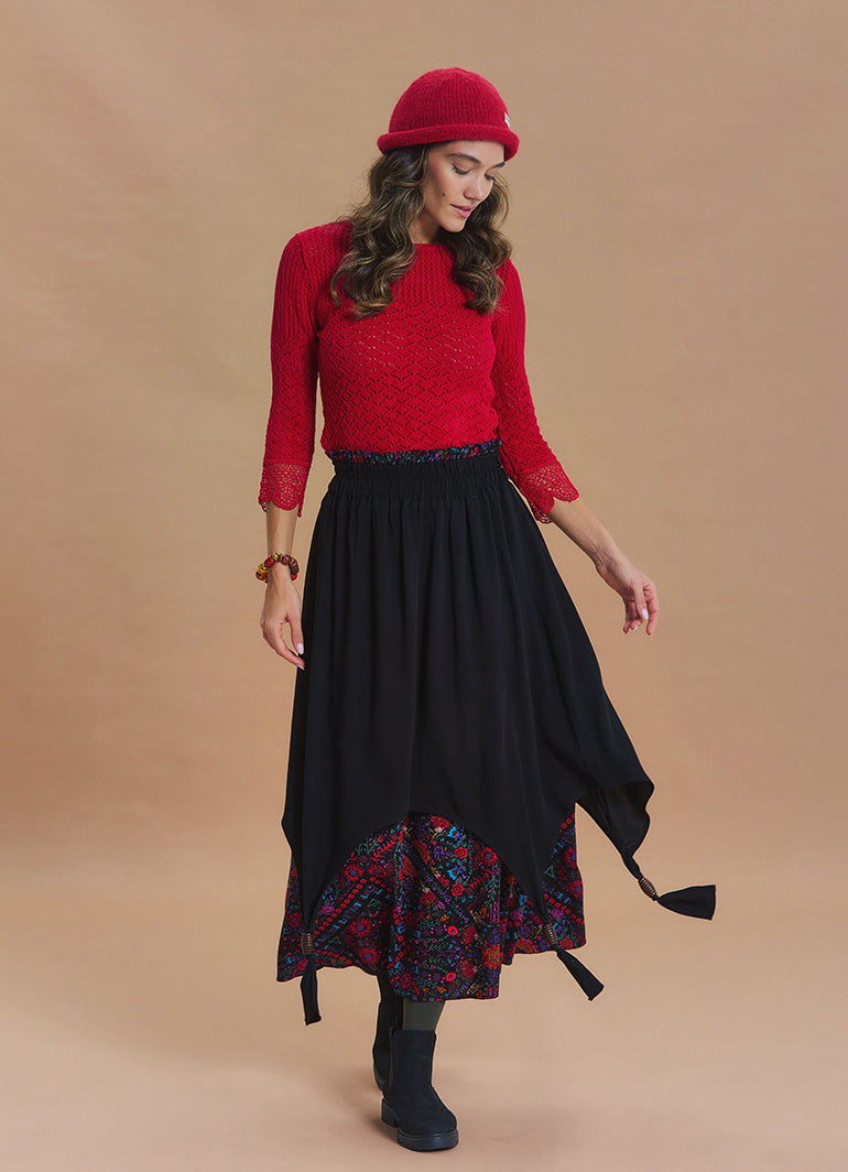 Crew Neck Lace Knit Detail Red Womens Knit Top