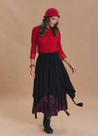 Elastic Waist Double Layer Black Print Asymmetrical Skirt