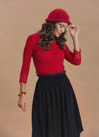 Crew Neck Lace Knit Detail Red Womens Knit Top