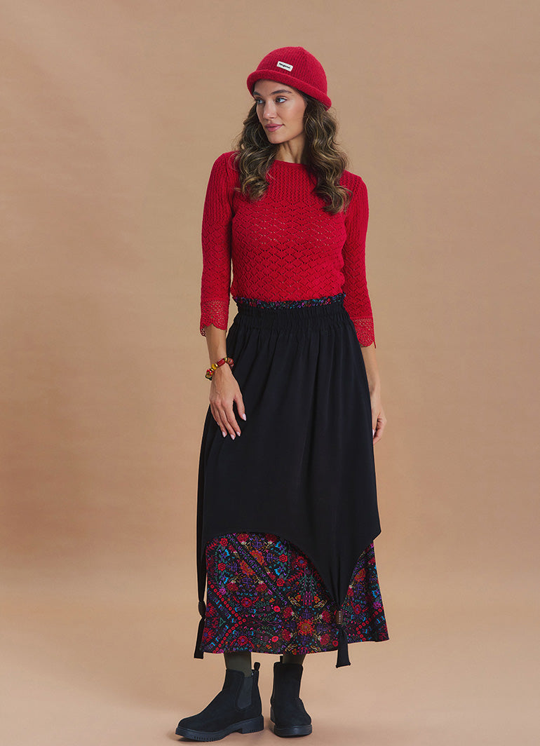 Elastic Waist Double Layer Black Print Asymmetrical Skirt