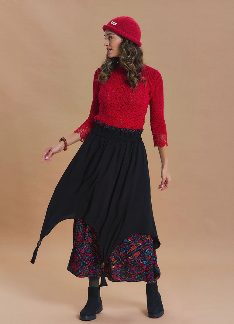 Elastic Waist Double Layer Black Print Asymmetrical Skirt
