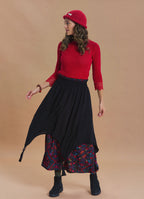 Elastic Waist Double Layer Black Print Asymmetrical Skirt