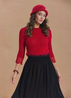 Crew Neck Lace Knit Detail Red Womens Knit Top
