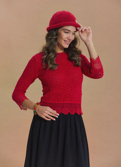 Crew Neck Lace Knit Detail Red Womens Knit Top