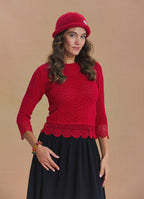 Crew Neck Lace Knit Detail Red Womens Knit Top