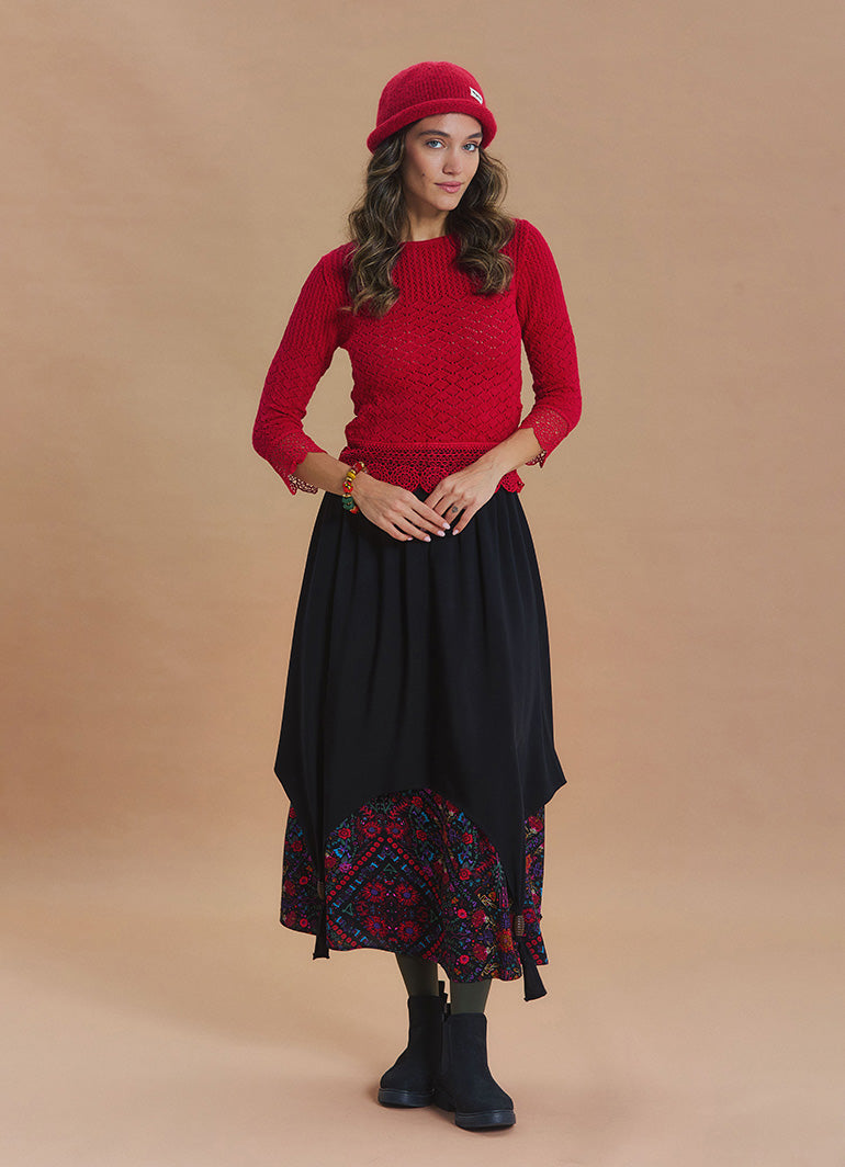 Elastic Waist Double Layer Black Print Asymmetrical Skirt