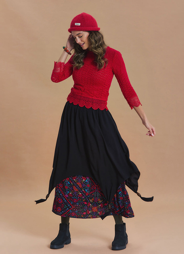 Elastic Waist Double Layer Black Print Asymmetrical Skirt