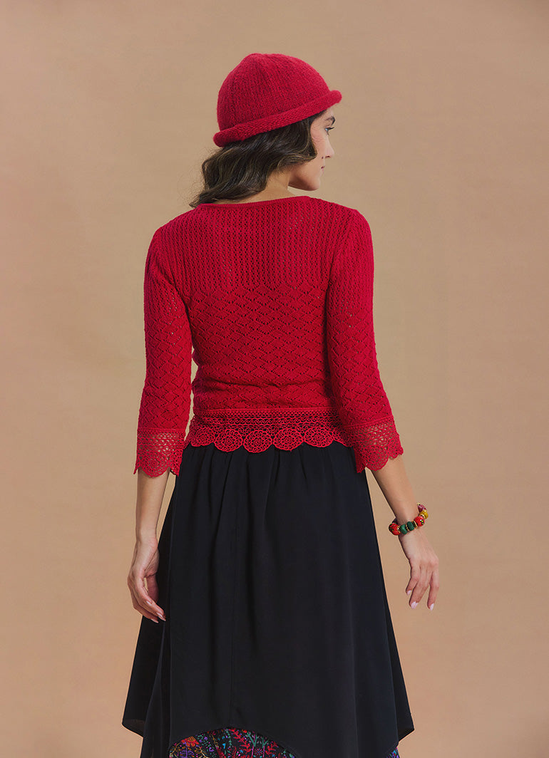 Crew Neck Lace Knit Detail Red Womens Knit Top
