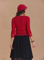 Crew Neck Lace Knit Detail Red Womens Knit Top