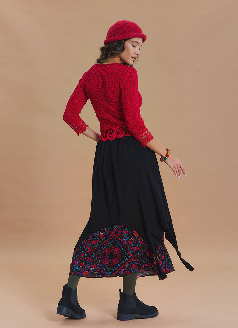 Elastic Waist Double Layer Black Print Asymmetrical Skirt