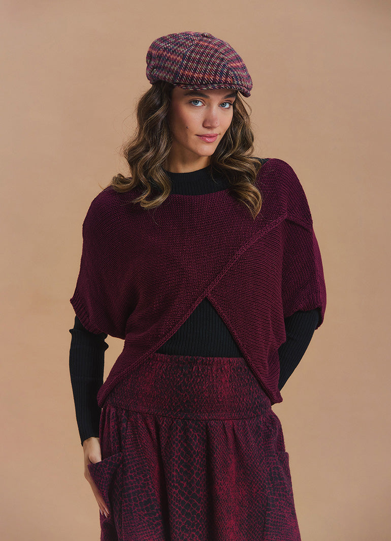 Wrap Front Half Sleeve Burgundy Knit Winter Top