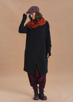 Hooded Wrap Front Thumbhole Sleeve Terracotta Black Long Knit Cardigan