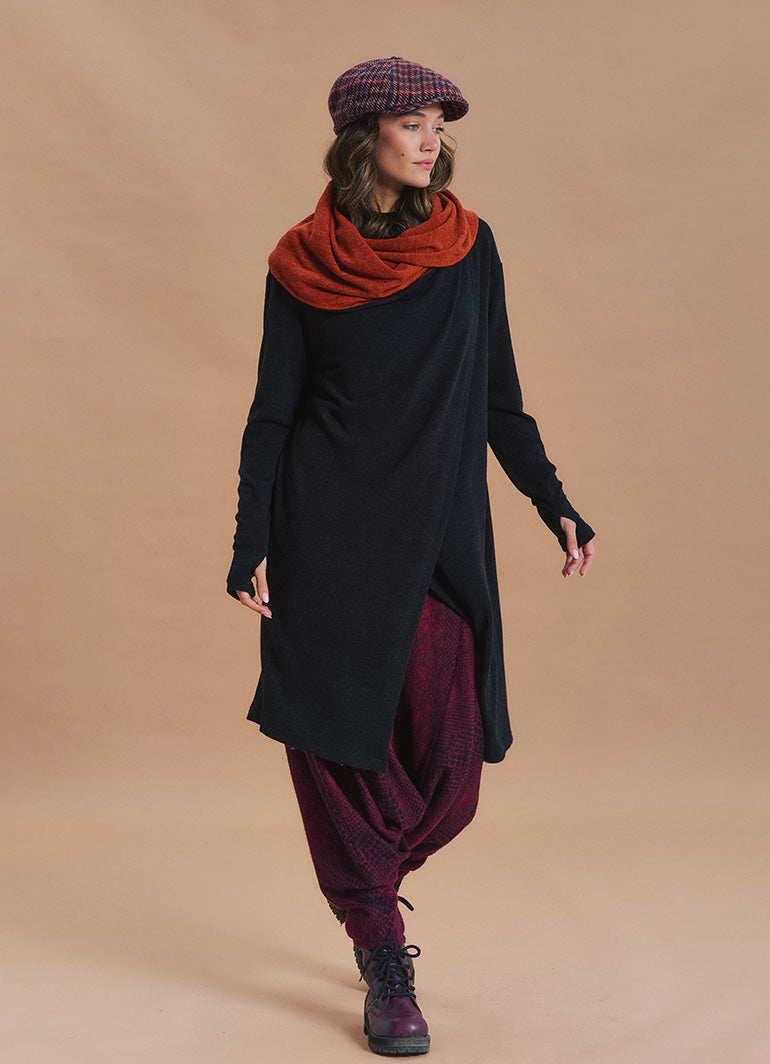Hooded Wrap Front Thumbhole Sleeve Terracotta Black Long Knit Cardigan