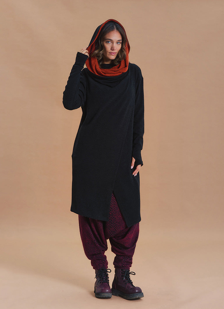 Hooded Wrap Front Thumbhole Sleeve Terracotta Black Long Knit Cardigan