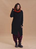 Hooded Wrap Front Thumbhole Sleeve Terracotta Black Long Knit Cardigan