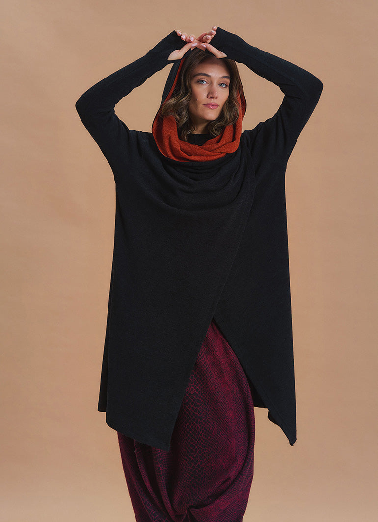 Hooded Wrap Front Thumbhole Sleeve Terracotta Black Long Knit Cardigan