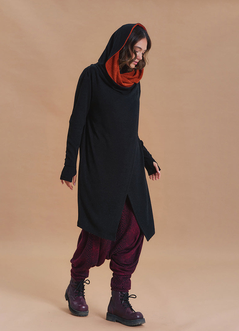 Hooded Wrap Front Thumbhole Sleeve Terracotta Black Long Knit Cardigan