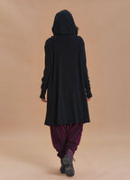 Hooded Wrap Front Thumbhole Sleeve Terracotta Black Long Knit Cardigan