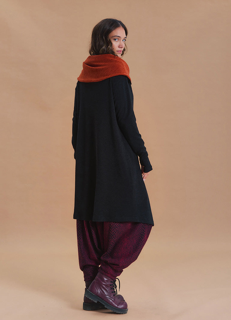 Hooded Wrap Front Thumbhole Sleeve Terracotta Black Long Knit Cardigan