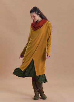 Hooded Wrap Front Thumbhole Sleeve Yellow Long Knit Cardigan