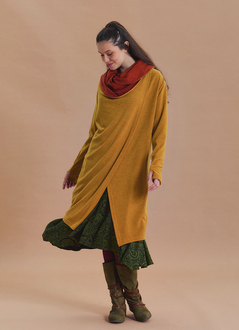 Hooded Wrap Front Thumbhole Sleeve Yellow Long Knit Cardigan