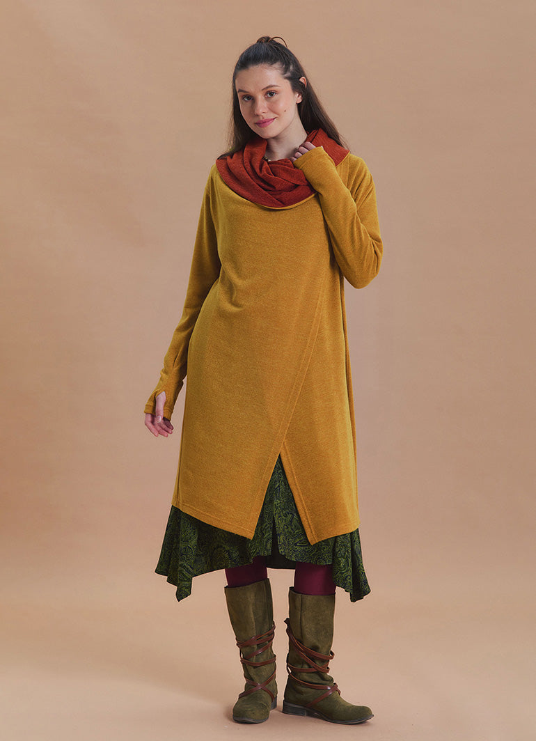 Hooded Wrap Front Thumbhole Sleeve Yellow Long Knit Cardigan