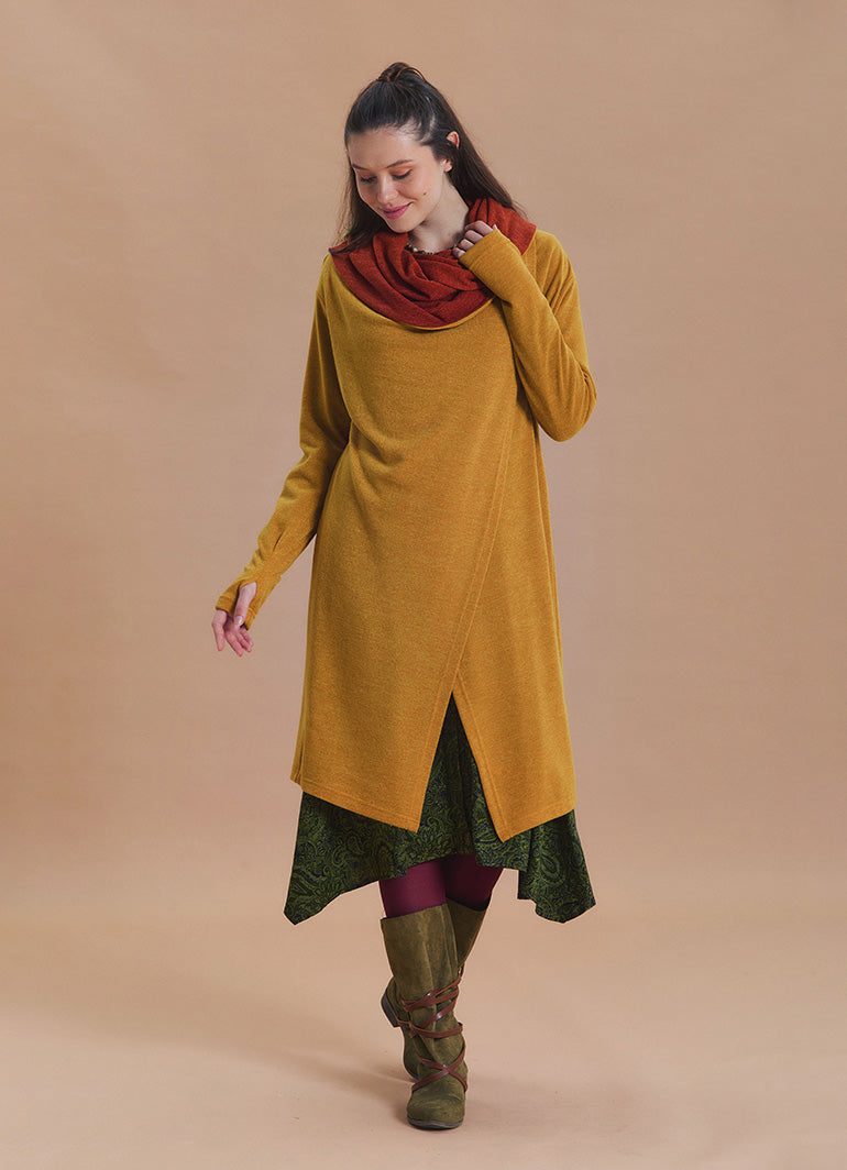 Hooded Wrap Front Thumbhole Sleeve Yellow Long Knit Cardigan