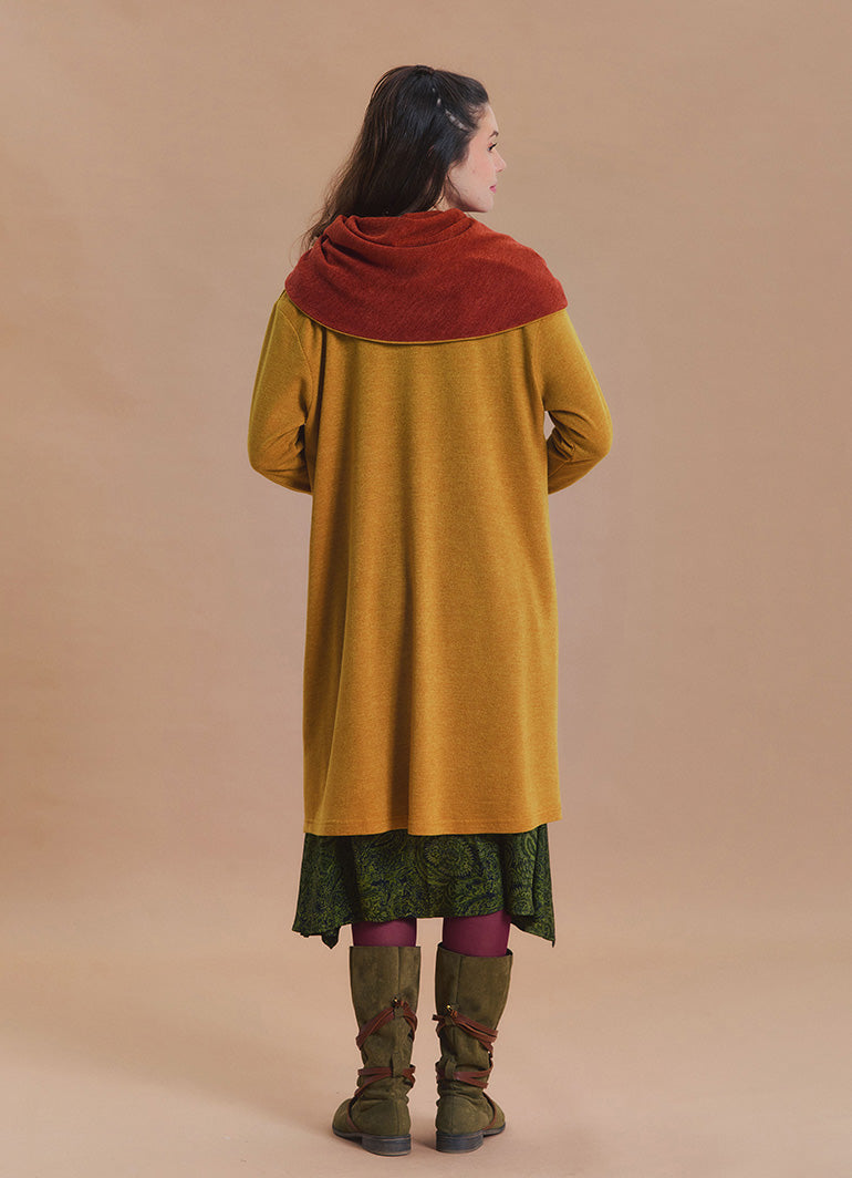 Hooded Wrap Front Thumbhole Sleeve Yellow Long Knit Cardigan