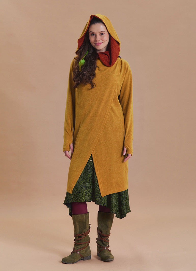 Hooded Wrap Front Thumbhole Sleeve Yellow Long Knit Cardigan
