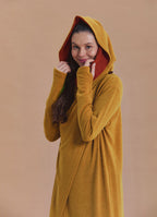 Hooded Wrap Front Thumbhole Sleeve Yellow Long Knit Cardigan