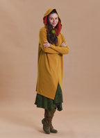 Hooded Wrap Front Thumbhole Sleeve Yellow Long Knit Cardigan