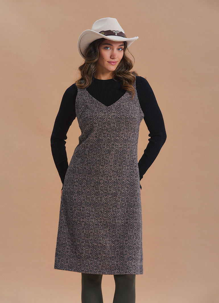 V Neck Thick Strap Beige Winter Pinafore Dress