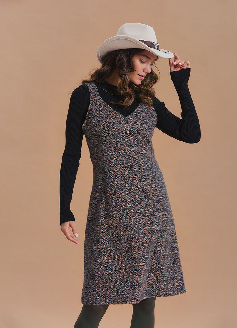 V Neck Thick Strap Beige Winter Pinafore Dress