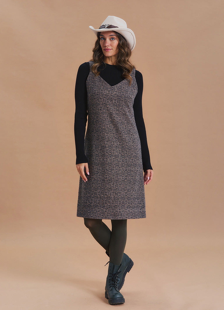 V Neck Thick Strap Beige Winter Pinafore Dress