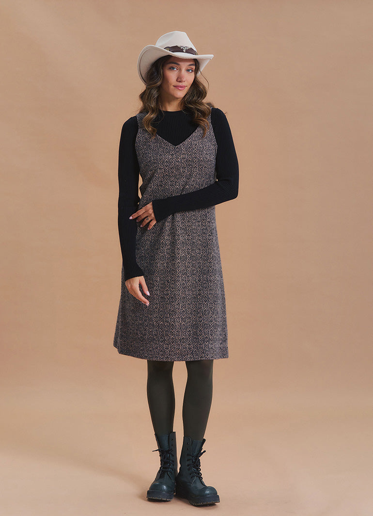 V Neck Thick Strap Beige Winter Pinafore Dress