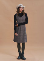 V Neck Thick Strap Beige Winter Pinafore Dress