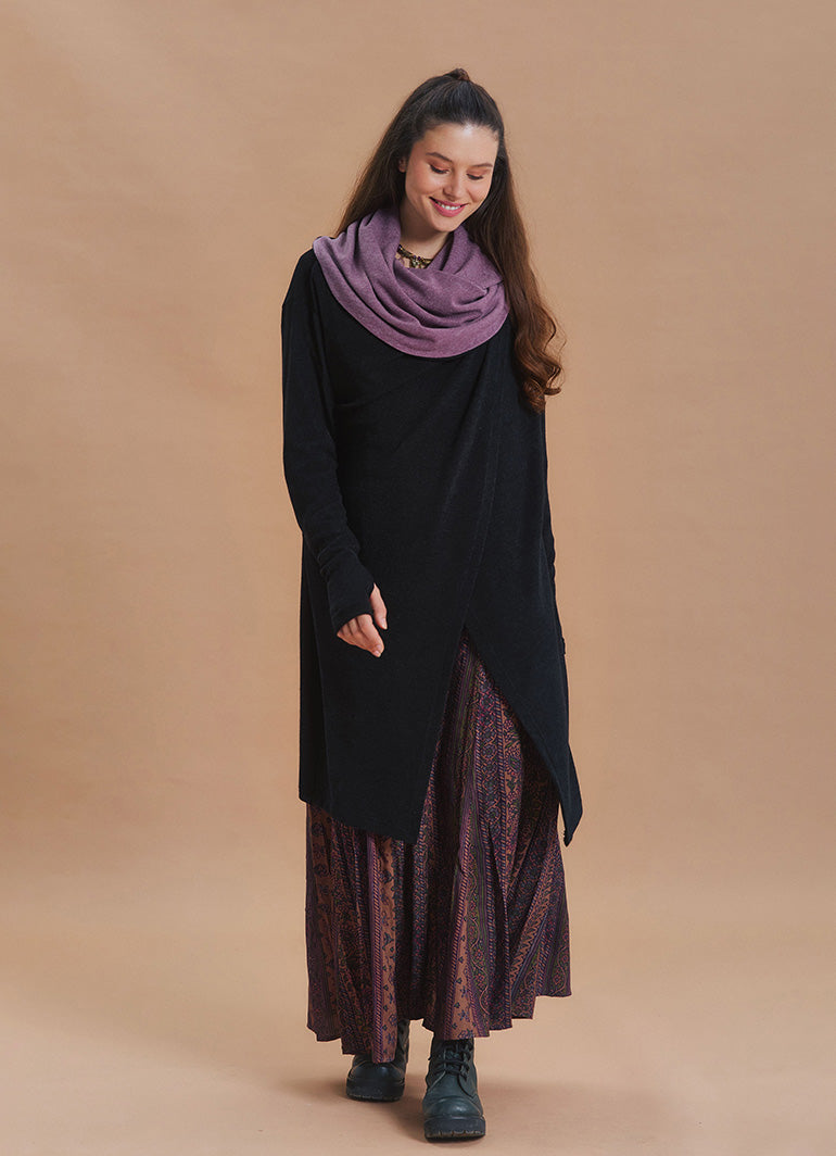 Hooded Wrap Front Thumbhole Sleeve Black Lilac Long Knit Cardigan