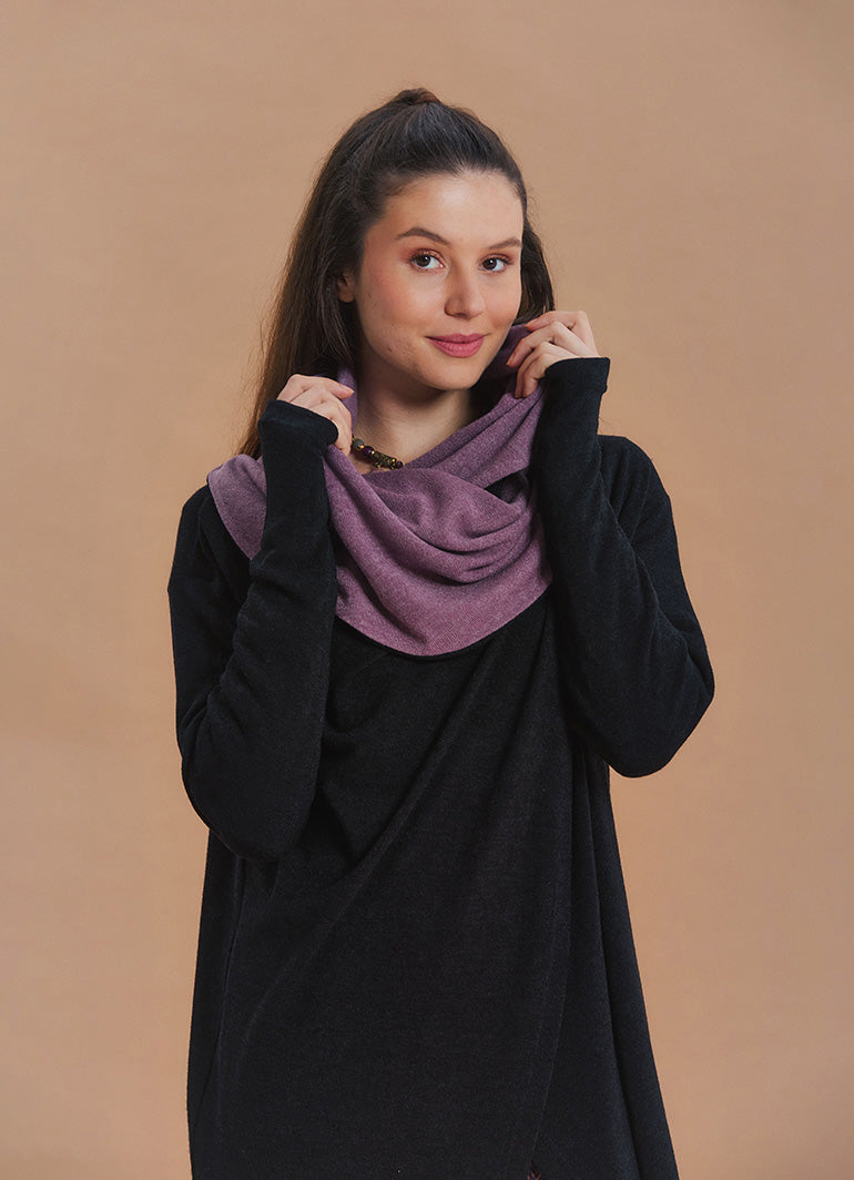 Hooded Wrap Front Thumbhole Sleeve Black Lilac Long Knit Cardigan
