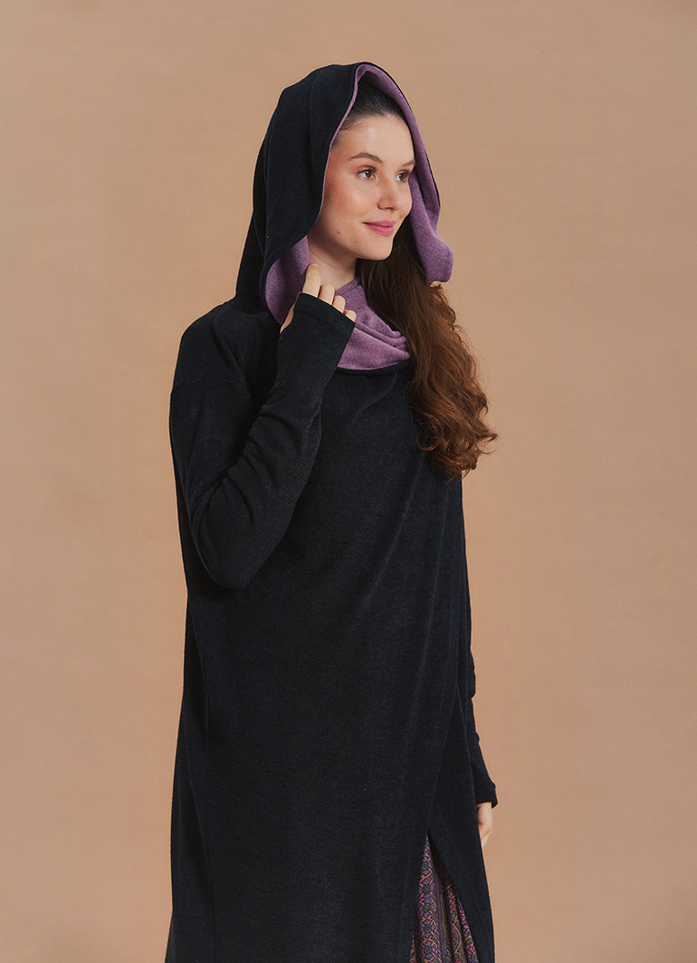 Hooded Wrap Front Thumbhole Sleeve Black Lilac Long Knit Cardigan