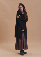 Hooded Wrap Front Thumbhole Sleeve Black Lilac Long Knit Cardigan