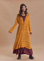 Drawstring Waist Lace Look Mustard Long Knit Cardigan