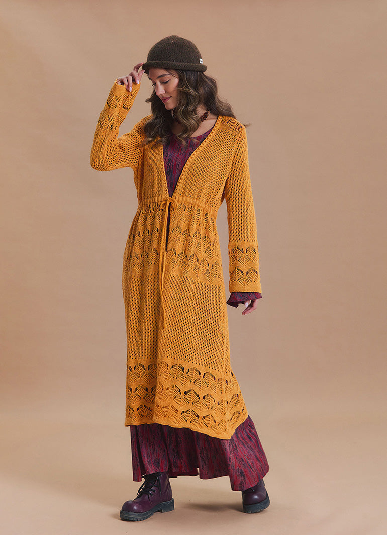 Drawstring Waist Lace Look Mustard Long Knit Cardigan