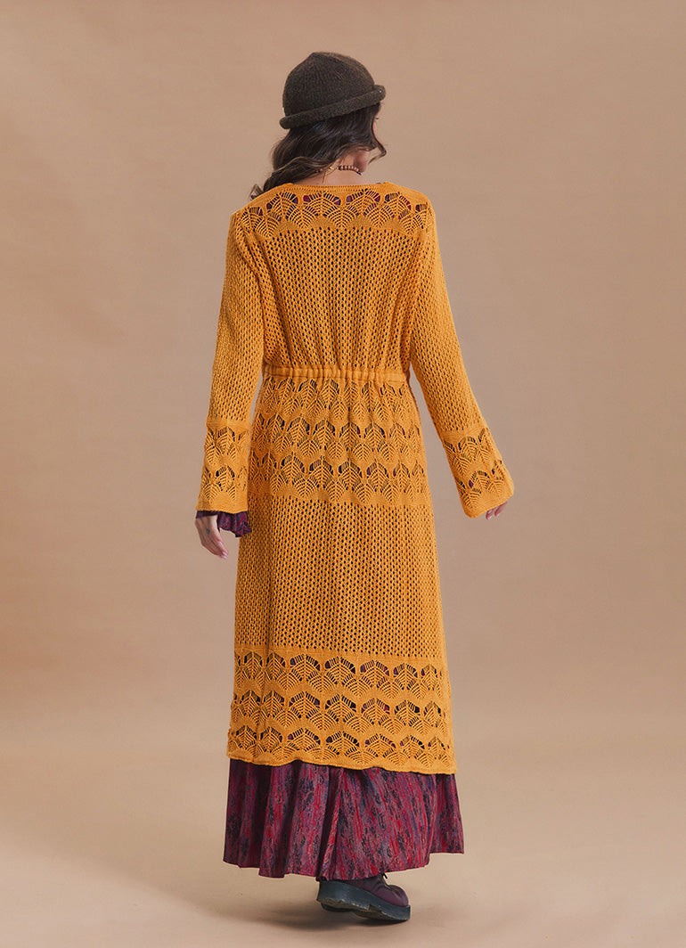 Drawstring Waist Lace Look Mustard Long Knit Cardigan