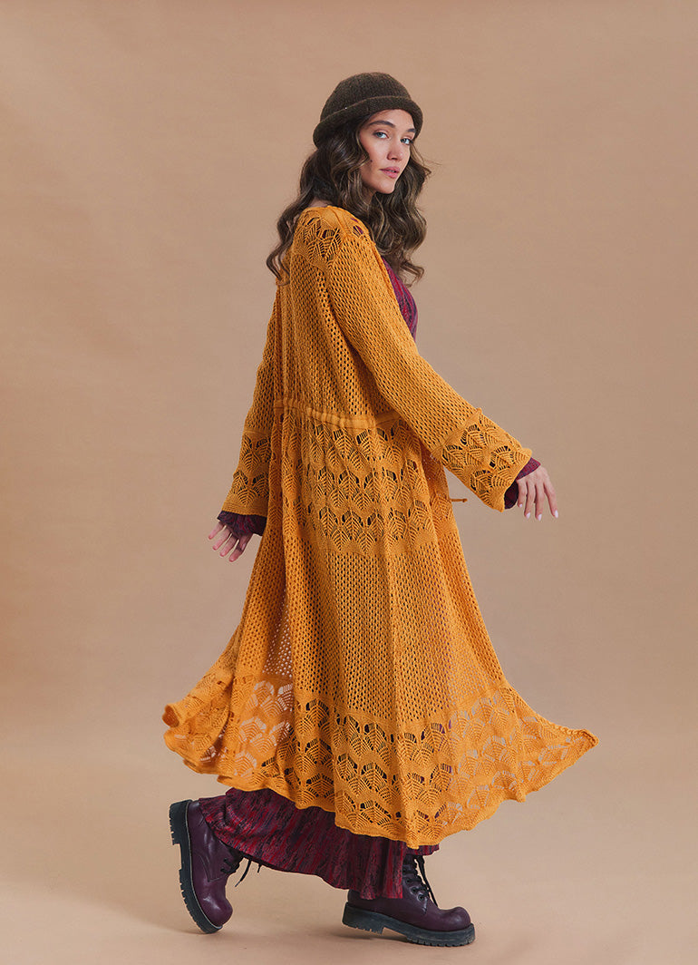 Drawstring Waist Lace Look Mustard Long Knit Cardigan