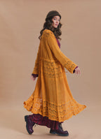 Drawstring Waist Lace Look Mustard Long Knit Cardigan