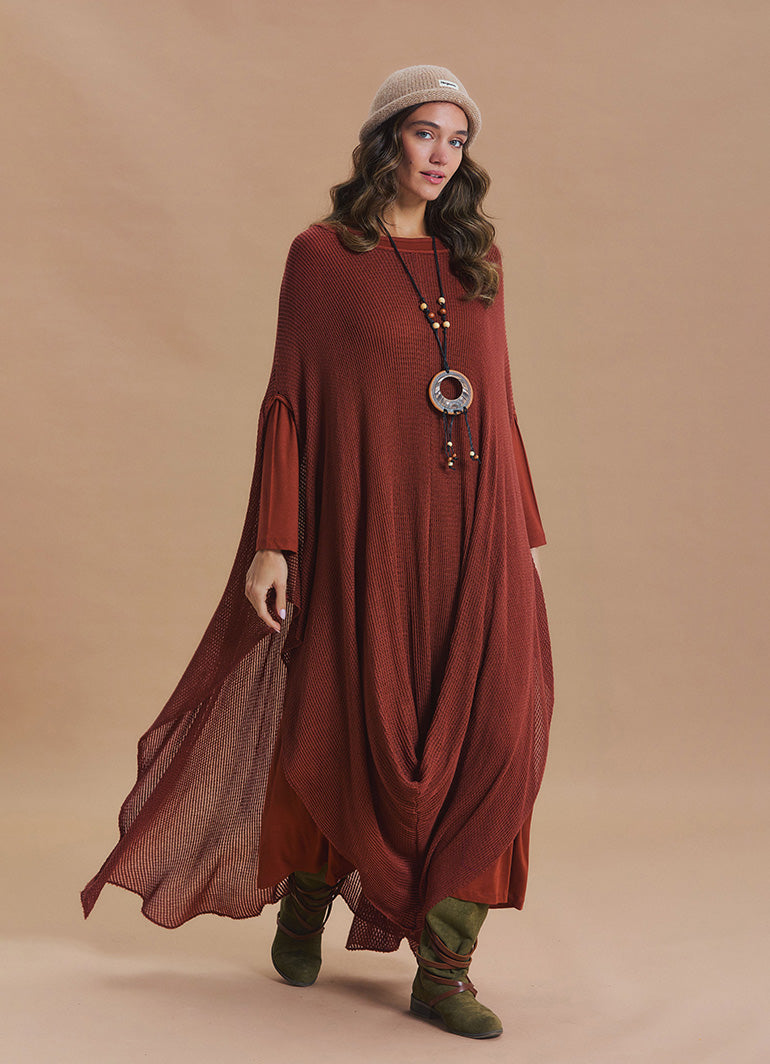 Boat Neck Asymmetrical Double Layer Terracotta Knit Maxi Dress