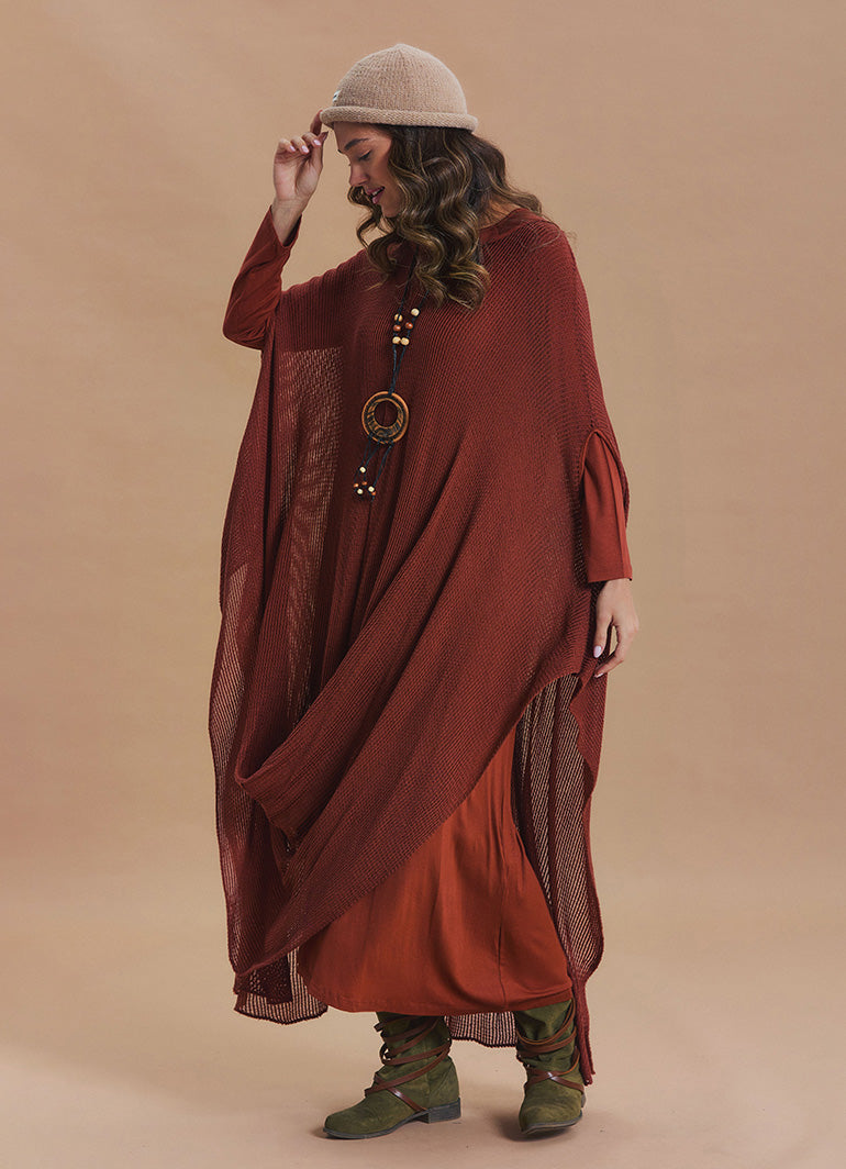 Boat Neck Asymmetrical Double Layer Terracotta Knit Maxi Dress