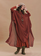 Boat Neck Asymmetrical Double Layer Terracotta Knit Maxi Dress
